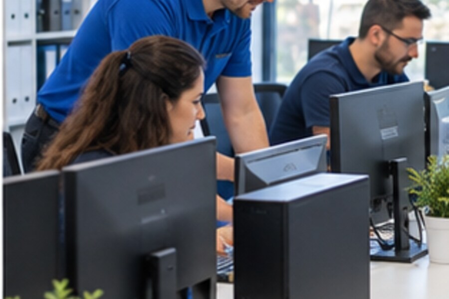 Técnico prestando soporte informático en una oficina